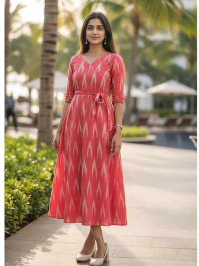 Dynamic Pure Cotton Red Ikkat Dress