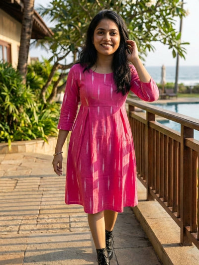 Playful Pure Cotton Pink Ikkat Dress