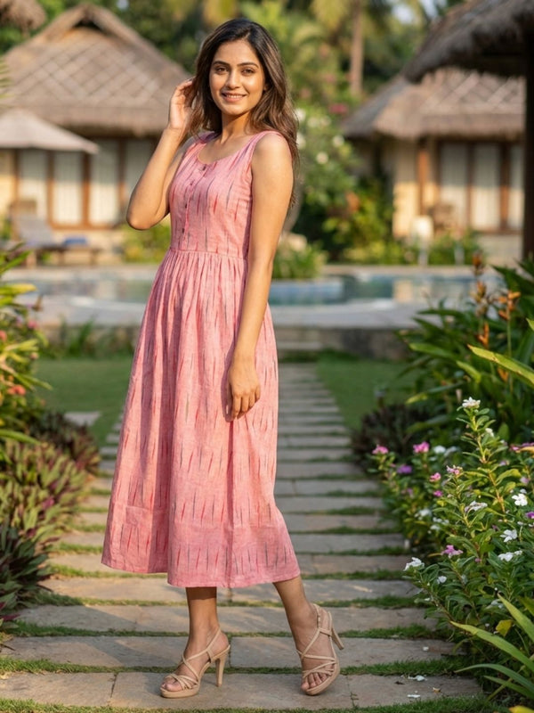 Stylish Pure Cotton Peach Ikkat Dress