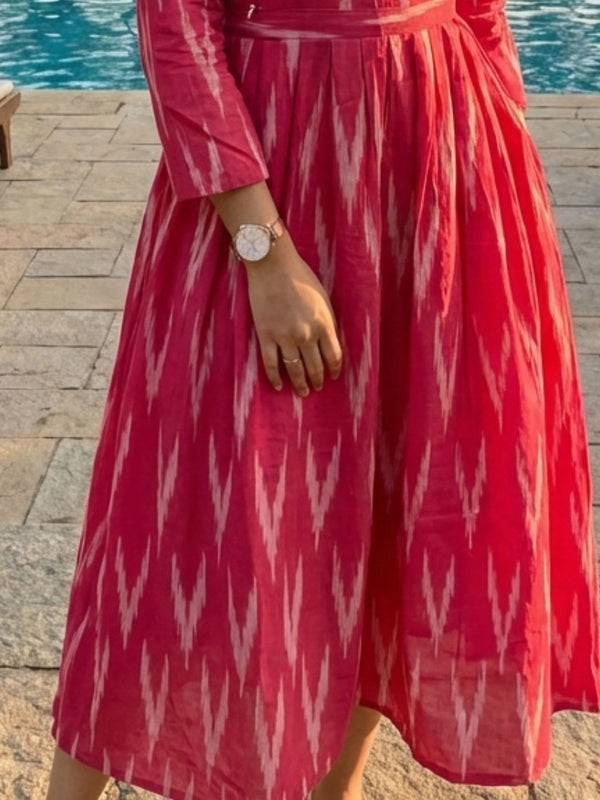Crimson Pure Cotton Red Ikkat Dress