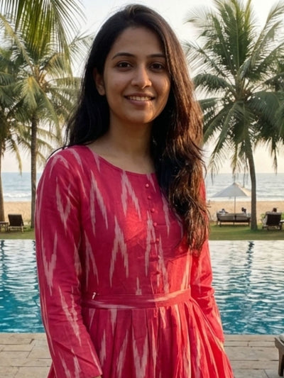 Crimson Pure Cotton Red Ikkat Dress