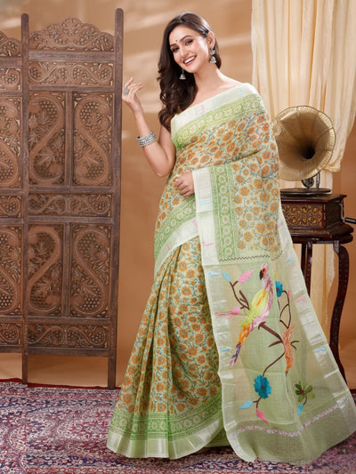 Kota Doria Paithani Embroidery Designer Saree Green