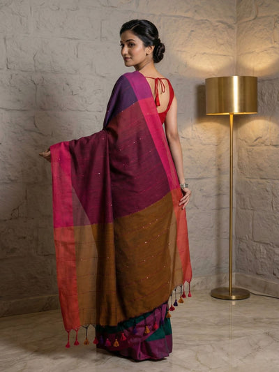 Nirmal Pure Khadi Cotton Sequin Saree Dark Green