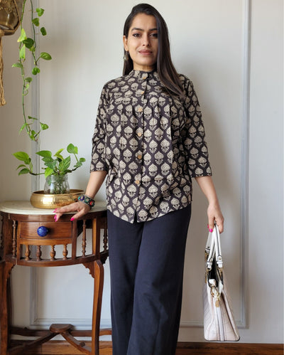 Indiehaat | Kanchi Cotton Peplum Tops Eerie Black BlockPrinted