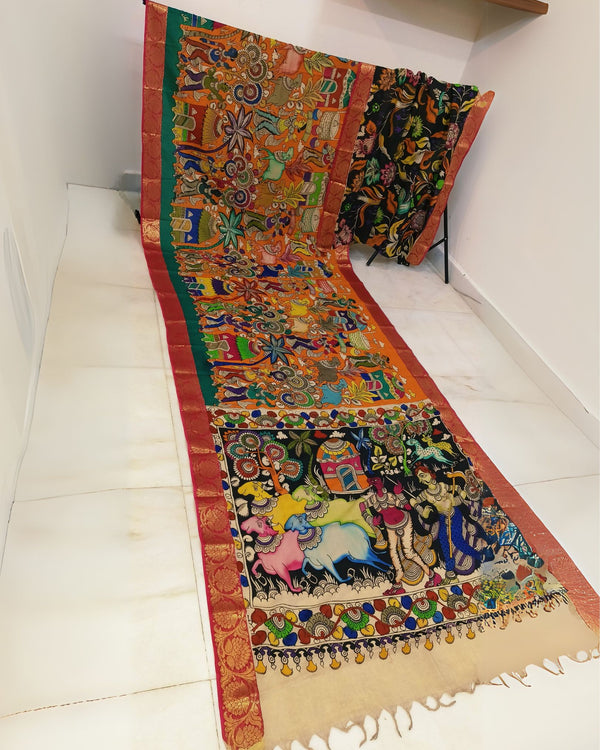 Indiehaat | Mangalagiri Handpainted Silk Saree Multicolor