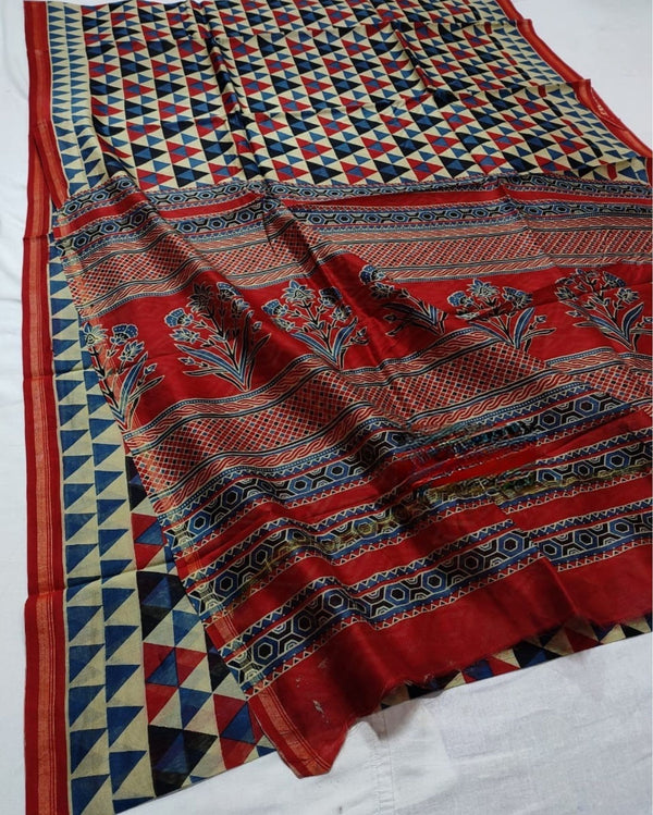 Indiehaat | Chanderi Silk Ajrakh Print Saree Beige