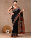 Indiehaat | Maheshwari Silk Saree Black Color Bagru Handblock Printed with Running Blouse (Silk by Silk)