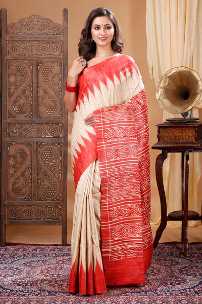 Silkmark Tussar Lucid Blockprint Beige & Red Saree