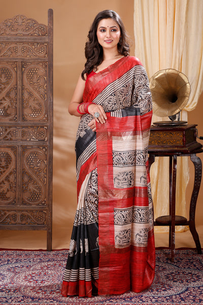 Silkmark Tussar Bright Blockprint Black & Cream Saree