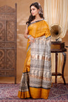 Silkmark Tussar Poetic Blockprint Yellow & Gray Saree