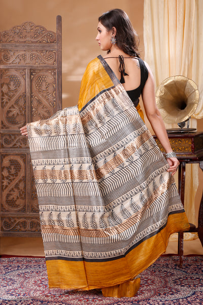 Silkmark Tussar Poetic Blockprint Yellow & Gray Saree