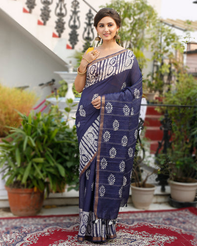 Wax Batik Hand Dyed Kota Silk Saree Slate Blue