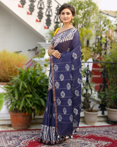 Wax Batik Hand Dyed Kota Silk Saree Slate Blue