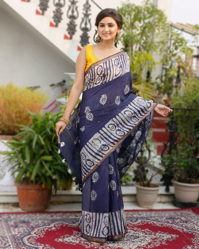 Wax Batik Hand Dyed Kota Silk Saree Slate Blue