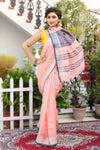 Decorous Pure Linen Floral Embroidered Peach Saree