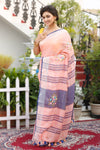 Decorous Pure Linen Floral Embroidered Peach Saree