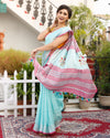 Oceanic Pure Linen Floral Embroidered Blue Saree