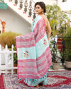 Oceanic Pure Linen Floral Embroidered Blue Saree