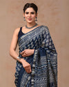 Indiehaat | Maheshwari Silk Saree Indigo  Color Bagru Handblock Printed with Running Blouse (Silk by Silk)