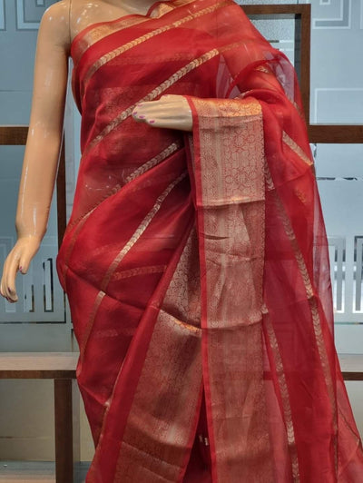 Banarasi Pure Organza Silk Red Saree with Rich Craft Details | Indiehaat