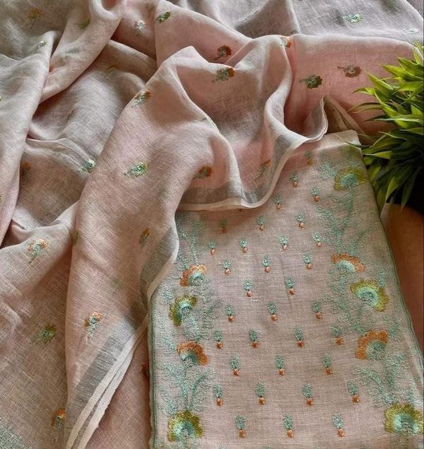 Indiehaat | Pure Linen Embroidered Suit Pink Color (Top+Dupatta) With Linen Bottom