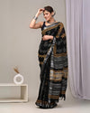 Indiehaat | Linen Saree Black Color Kalamakari Handblock Printed With Running Blouse