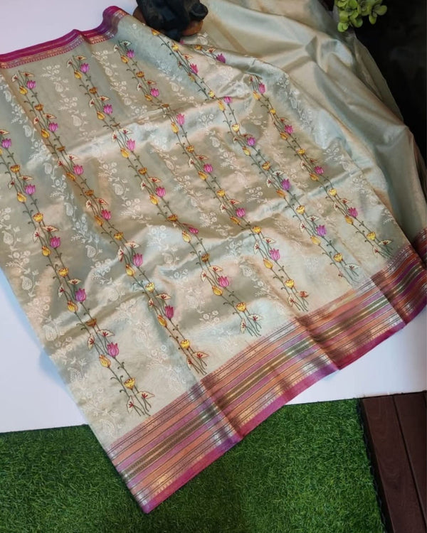 Indiehaat | Banarasi Tissue Silk Beige Embroidered Saree