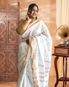 Indiehaat|Kota Silk White Color Saree Jaquard Weaving Golden Zari Work With Blouse