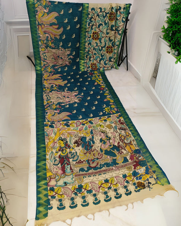 Indiehaat | Mangalagiri Handpainted Silk Saree Multicolor