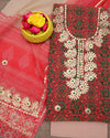 Indiehaat|Kota Doria Gota Patti Red & Beige Suit(Top+Bottom+Dupatta)