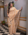 Indiehaat | Mul Cotton Printed Saree Yellow & White