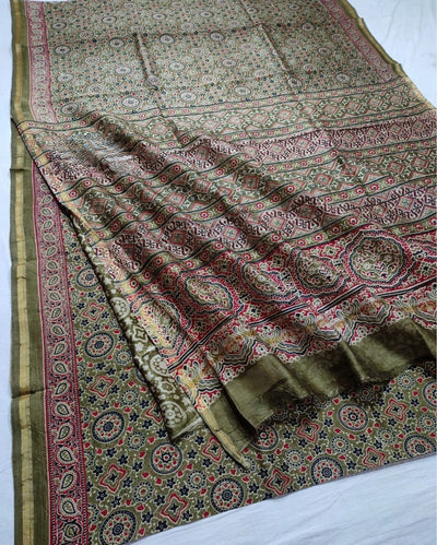 Indiehaat | Chanderi Silk Ajrakh Print Saree Green