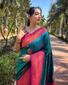 Indiehaat | Soft Silk Contrast Zari Woven Green & Pink Saree