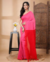 Indiehaat | Mulmul Cotton Pink Saree Plain Contrast Pallu