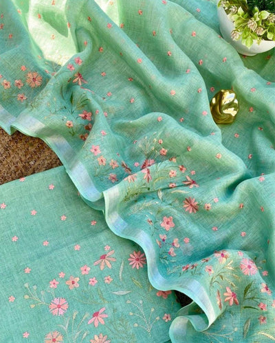 Indiehaat | Pure Linen Embroidery Suit Green