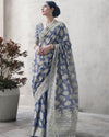 Indiehaat | Banarasi Silk Chikankari Weaving Blue Saree