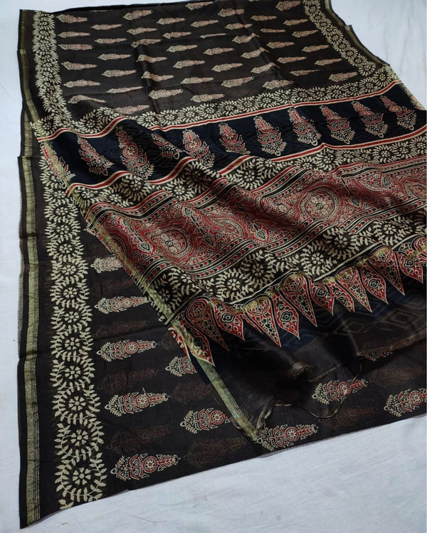 Indiehaat | Chanderi Silk Ajrakh Print Saree Black
