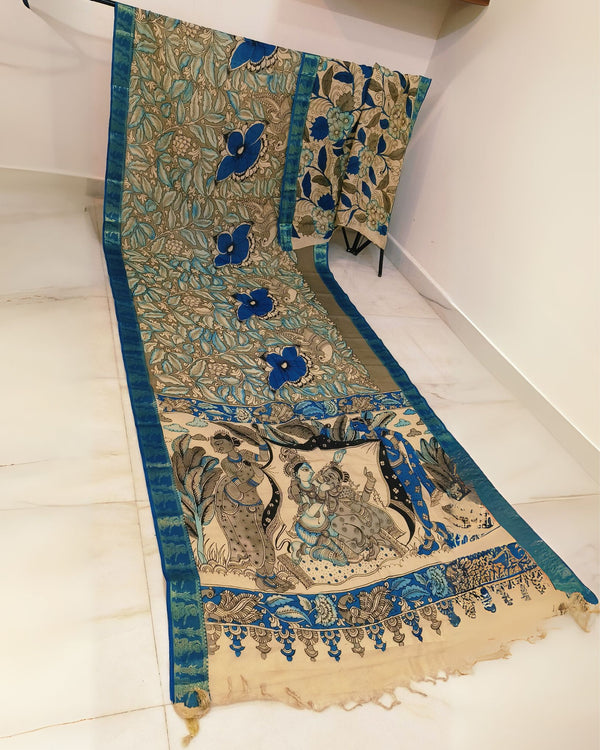 Indiehaat | Mangalagiri Handpainted Silk Saree Multicolor