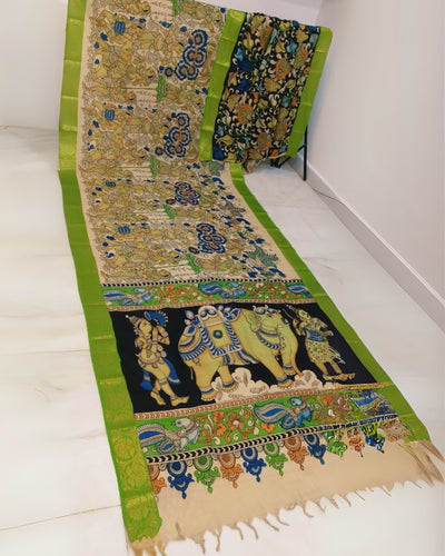 Indiehaat | Mangalagiri Handpainted Silk Saree Beige