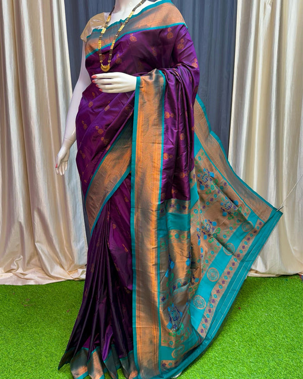 Indiehaat | Paithani Silk Meenakari Buti Embroidery Saree Purple
