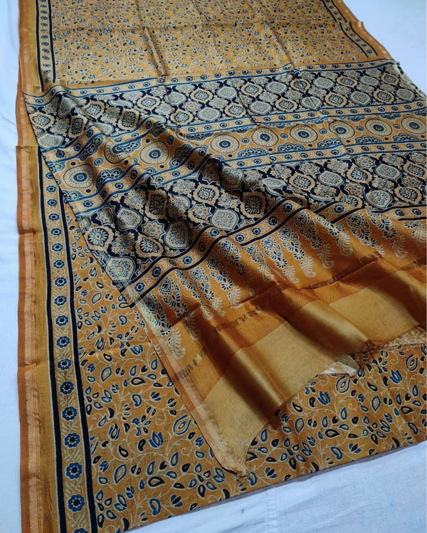 Indiehaat | Chanderi Silk Ajrakh Print Saree Yellow