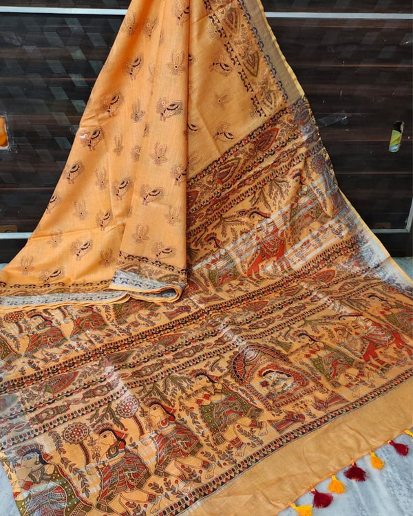 Indiehaat | Slub Linen Madhubani Mustard Saree