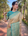 Indiehaat | Pure Tissue Silk Zari Woven Beige & Blue Saree