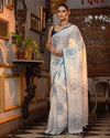 Indiehaat | Mul Cotton Printed Saree White & Blue