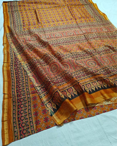 Indiehaat | Chanderi Silk Ajrakh Print Saree Yellow