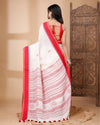 Indiehaat| Pure Linen White Saree Floral Buti Striped Pallu