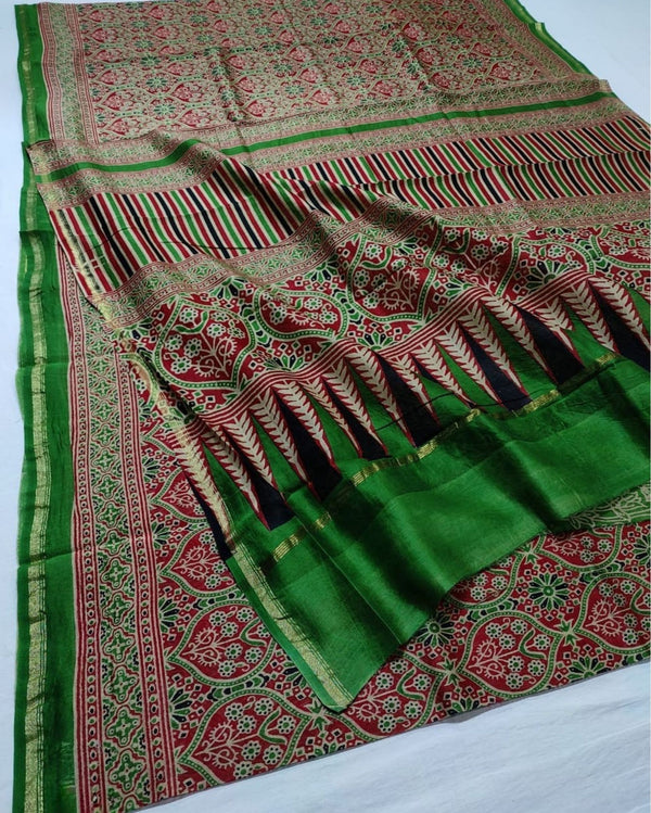 Indiehaat | Chanderi Silk Ajrakh Print Saree Multicolor