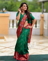 Indiehaat | Soft Silk Contrast Zari Woven Green & Red Saree