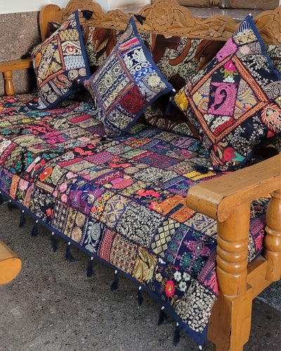 Indiehaat|Kambadiya Blue Sofa Throw & Cushion Cover|Elegant DÃƒÂ©cor
