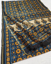 Indiehaat | Chanderi Silk Ajrakh Print Saree Blue
